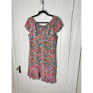 J. Crew Pink Blue 100% Silk Paisley Flutter Sleeve Short Vibrant Dress Size 8